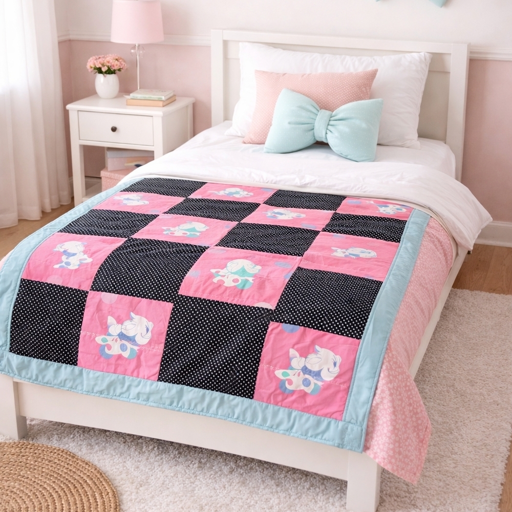 🎀🧵Handmade Retro 90s Minnie Mouse Upcycled Patchwork Quilt  | Begginers Work